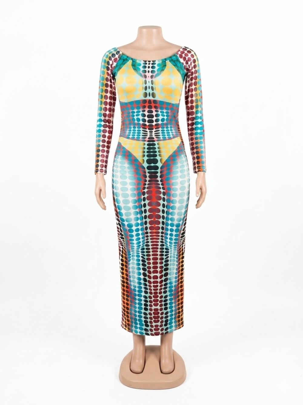 Colorful Geometric Dot-Print Long Sleeve Maxi Dress